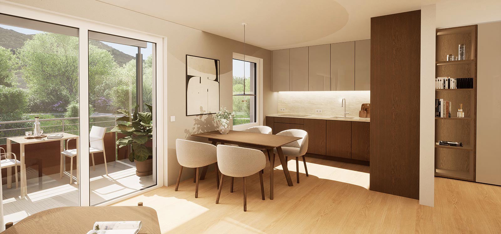 Heller freundlicher Wohnraum mit moderner Küche und Balkon im Grünen